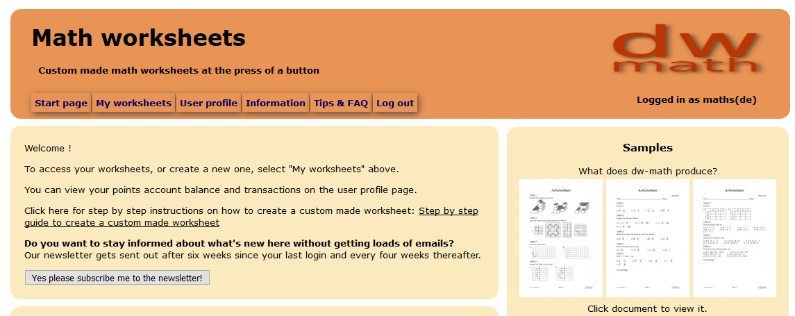 Image of starting page after login