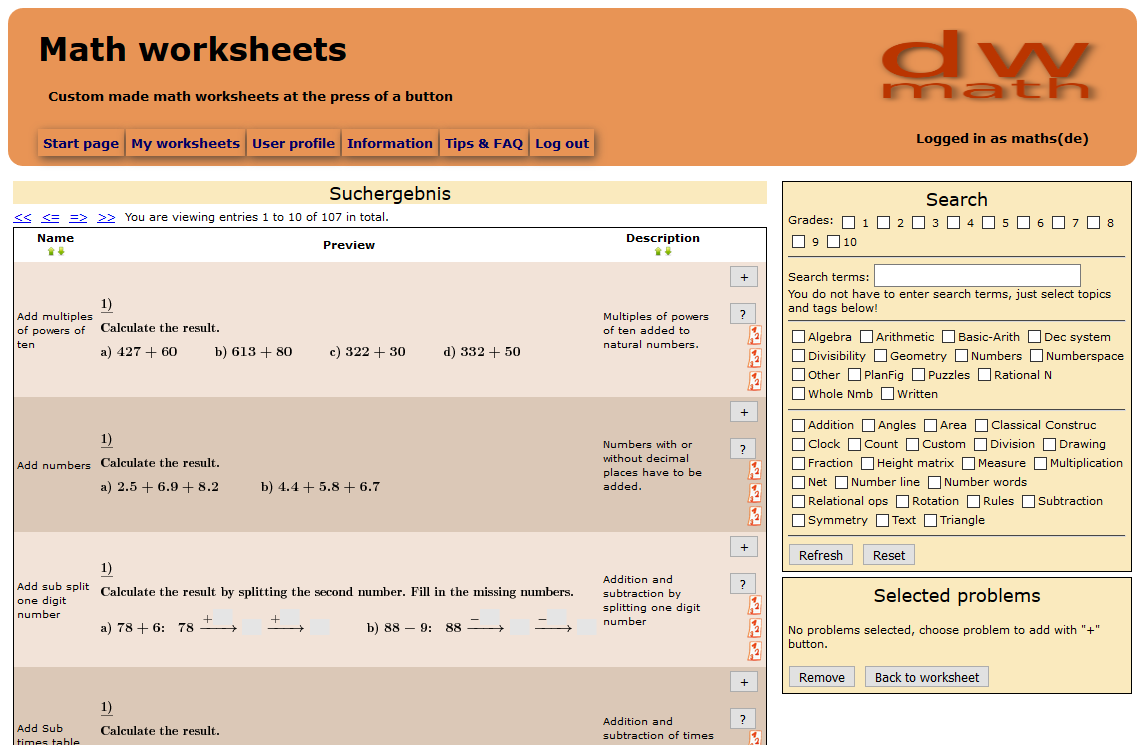 Image of the problem selection page