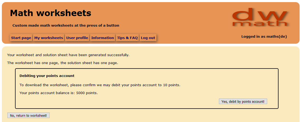 Image of payment confirmation page for worksheet download