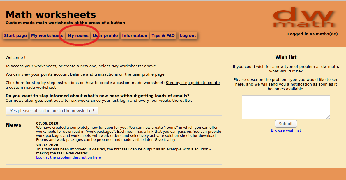 Image of starting page