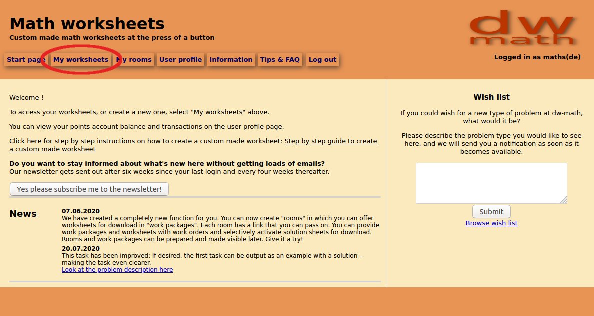 Image of starting page