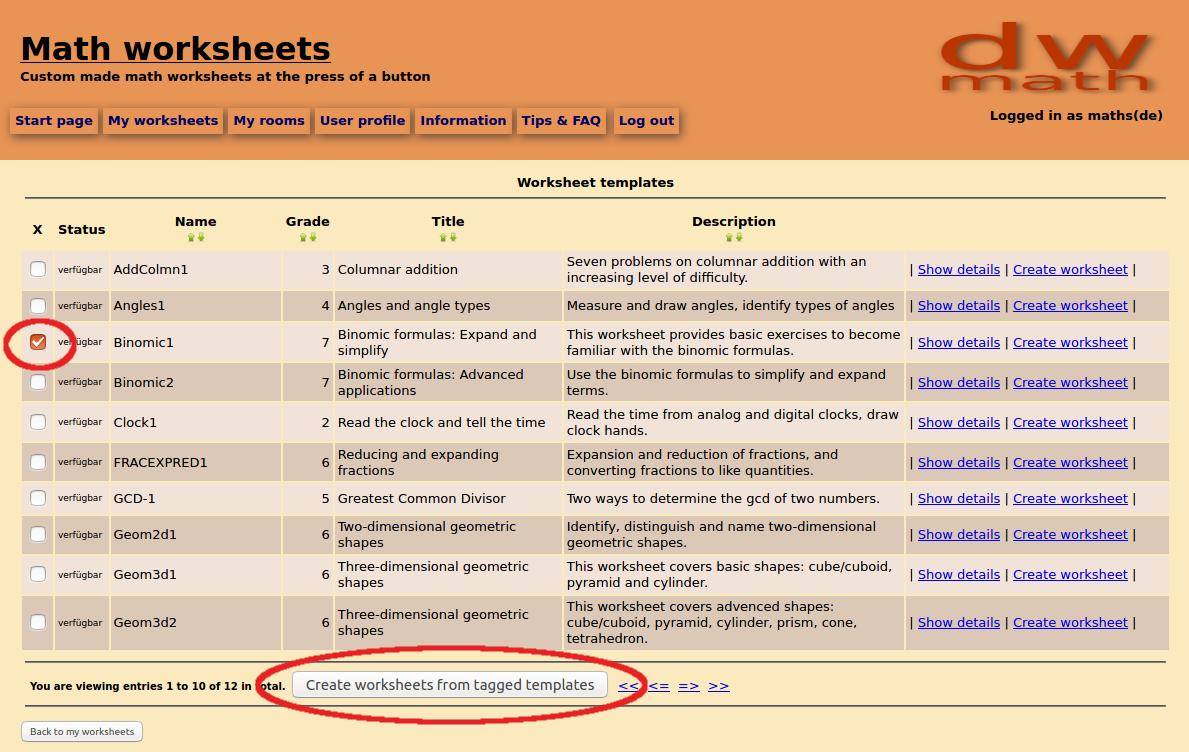 Image of template list page with checked template to be imported