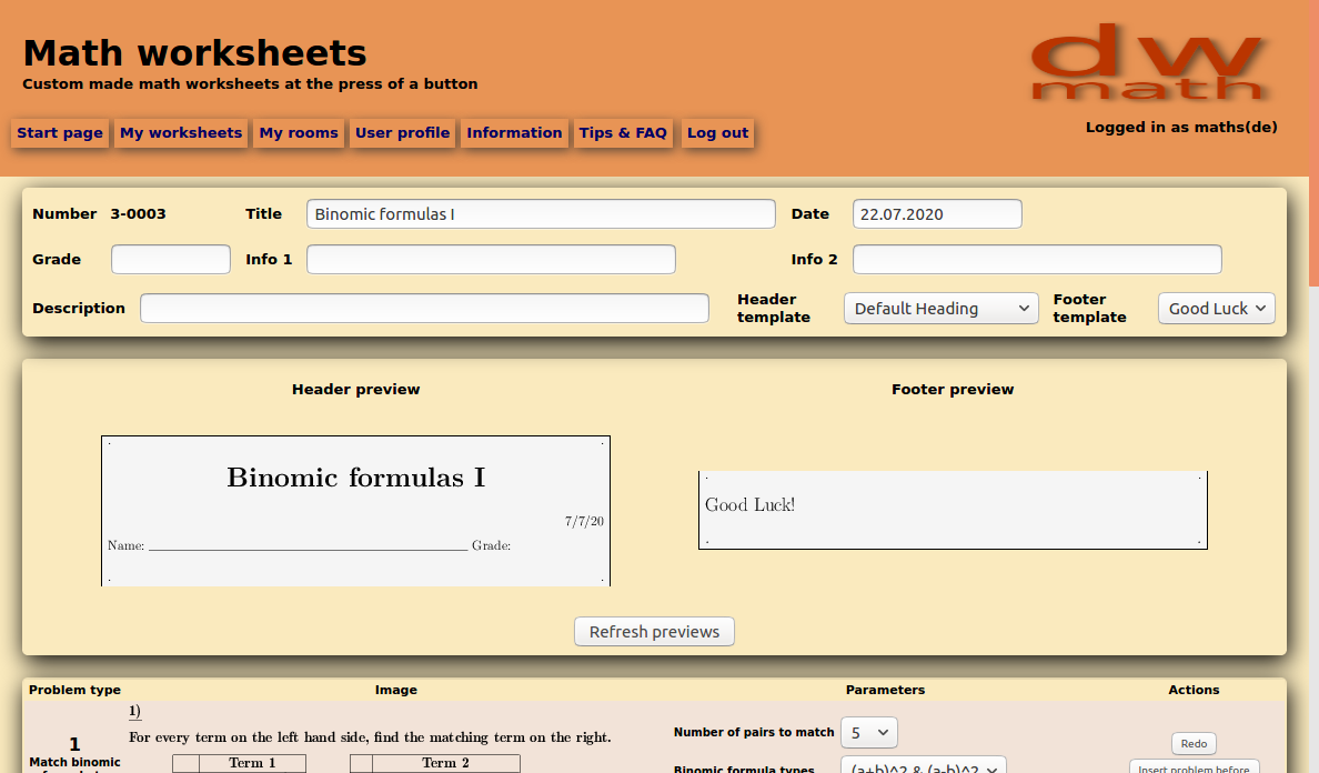 Image of worksheet editor page