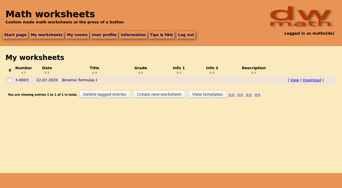 Image of worksheet list page