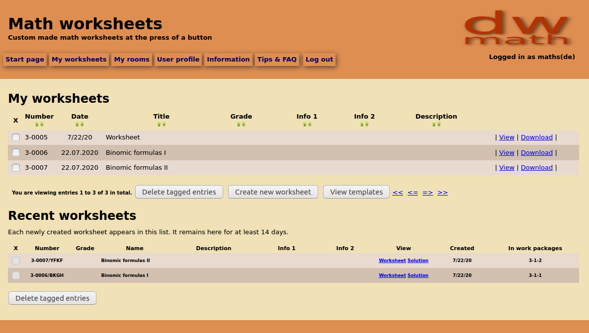 Image of worksheet storage page