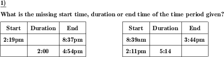 For a period of time defined by the start, duration and end time, fill in the missing piece of information. (Example for this math problem)