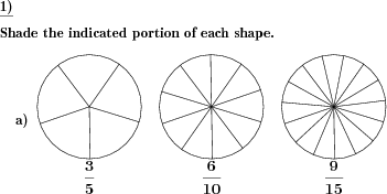 Shade n/m, 2n/2m, 3n/3m and so on of shapes with increasing number of parts. (Example for this math problem)