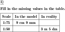 In a table with scale, scaled length and real length, missing values must be added (Example for this math problem)