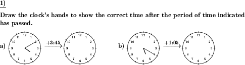 A clock face is shown. Draw another face to show the time after some time has passed. (Example for this math problem)