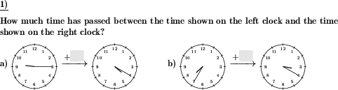 How much time has passed between times shown by two clock faces? (Example for this math problem)