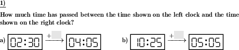 How much time has passed between times shown by two clock faces? (Example for this math problem)