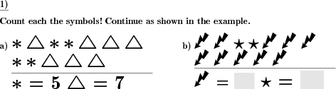 A series of different symbols is shown. Count each of the symbols.  (Example for this math problem)