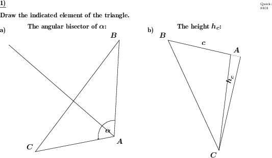 Draw heights, medians, angle bisectors or perpendicular bisectors for a triangle. (Example for the solution)