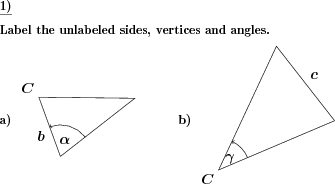 A fully or partly unlabeled triangle is given. The vertices, sides or angles have to be labeled correctly. (Example for this math problem)