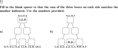 In a magic triangle, six numbers have to be filled in correctly. (Example for this math problem)