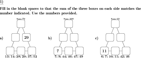 In a magic triangle, six numbers have to be filled in correctly. (Example for this math problem)