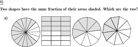 In a series of shapes find the two shapes that represent the same fraction. (Example for this math problem)