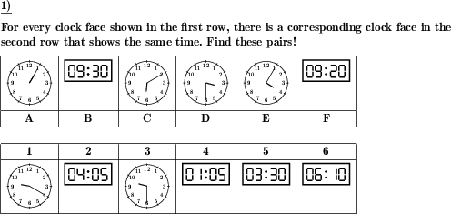 Match pairs of analog and digital clock faces showing the same time. (Example for this math problem)