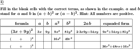 Elements of a binomic formula and their expanded form are grouped in a table. Fill the empty spaces. (Example for this math problem)