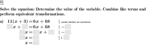 Solve a linear equation step-by-step by performing equivalent transformations. (Example for this math problem)