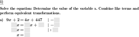 Solve a linear equation step-by-step by performing equivalent transformations. (Example for this math problem)