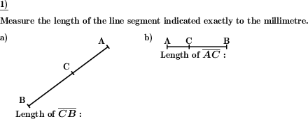 A line AB is given with a point C marked on it. Measure the length of AC or BC. (Example for this math problem)