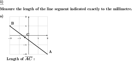 A line AB is given on a coordinate plane with a point C marked on it. Measure the length of AC or BC. (Example for this math problem)