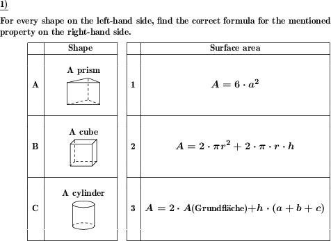 Match named or shown three-dimensional geometric shapes to the correct formula for volume or surface area. (Example for this math problem)