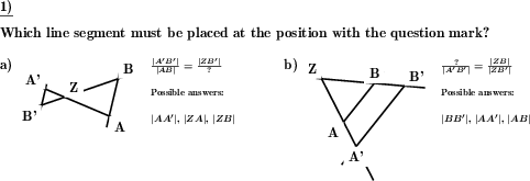 In a statement of the intercept theorems the missing line segment name has to be inserted. (Example for this math problem)