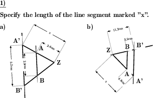 In application of the intercept theorem the fourth line segment length is to be calculated from three given lengths. (Example for this math problem)